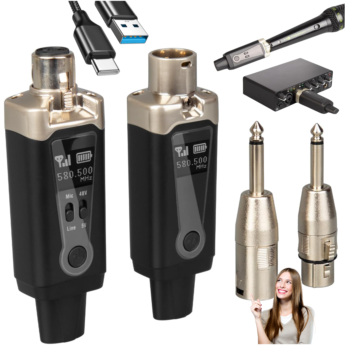 DNA WXLR1 bezprzewodowy system transmisji audio UHF nadajnik odbiornik USB-C +48V Phantom 2x adapter XLR/jack 6,35 mm zestaw