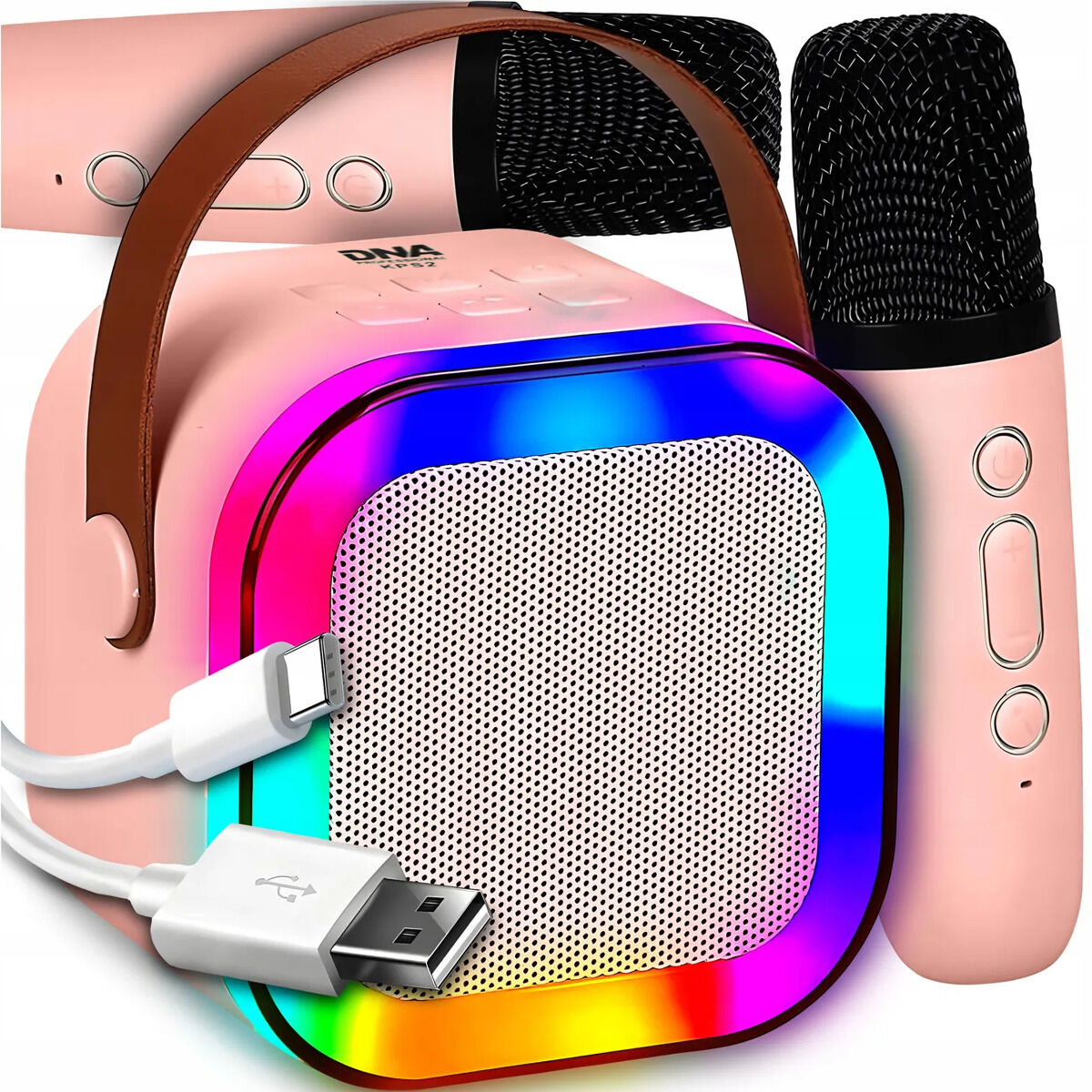 DNA KPS2 PK bezprzewodowy przenośny zestaw karaoke różowy głośnik 2x mikrofon RGB USB microSD AUX MP3 5W