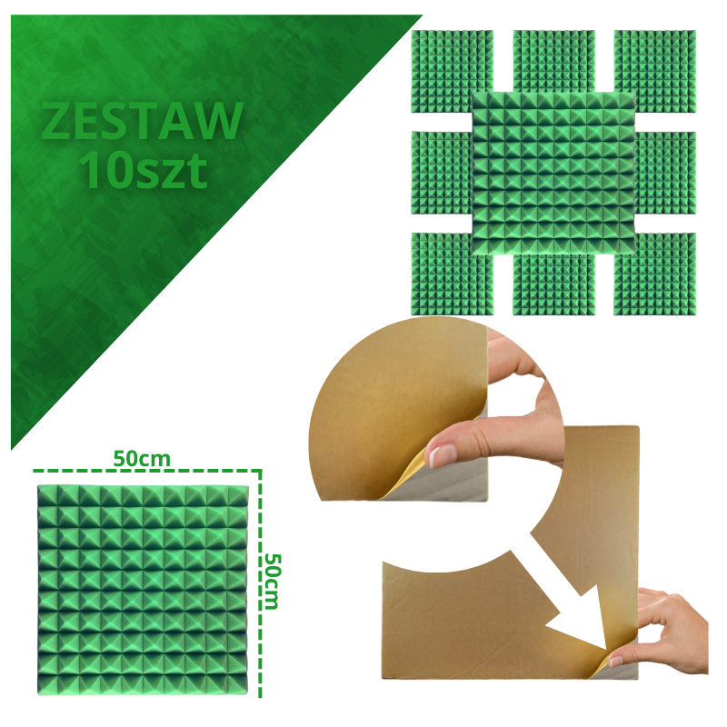 DNA AM2 GN panel akustyczny zestaw 10 szt. zielony samoprzylepna pianka mata wygłuszająca redukcja echa pogłosu