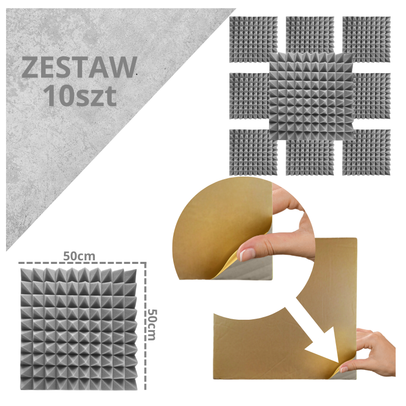 DNA AM2 GY panel akustyczny zestaw 10 szt. szary samoprzylepna pianka mata wygłuszająca redukcja echa pogłosu