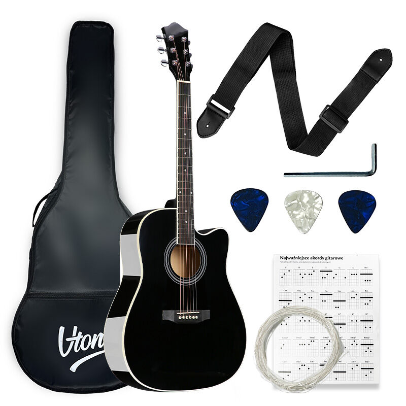 V-TONE AG TWO BK acoustic guitar 4/4 black to learn for beginners picks strap spare strings cover chords adjustment key set