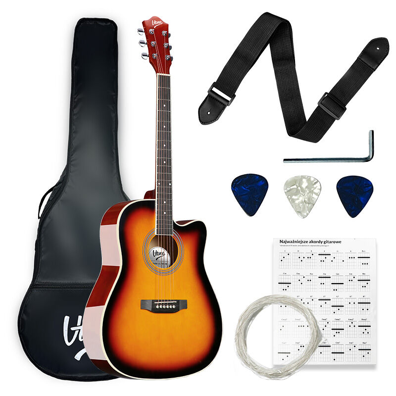 V-TONE AG TWO SB gitara akustyczna 4/4 sunburst do nauki dla początkujących kostki pasek zapasowe struny pokrowiec akordy klucz regulacyjny zestaw